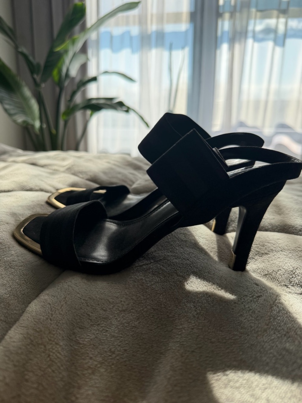 DKNY Black High Heel Slide Sandals with Gold Accents